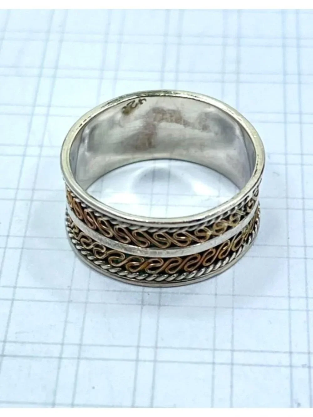 925 Sterling Silver & Brass Wide Band Scroll Ring Size 8.5-9